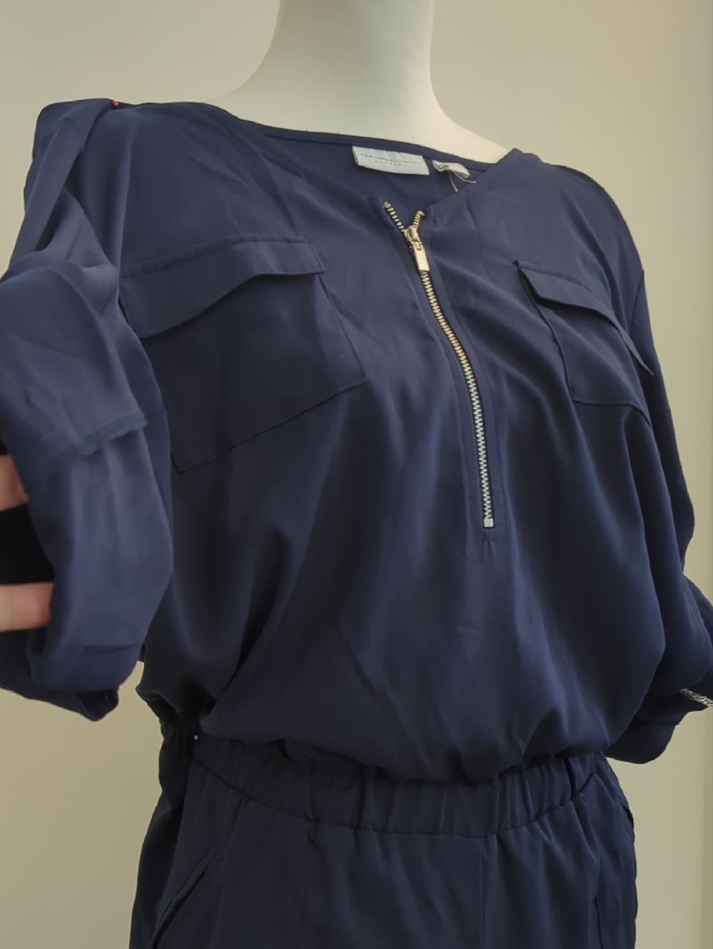 NWT New York & Company Utility Style Navy Zip-Front Blouson Wide Leg Jumpsuit - Picture 7 of 10